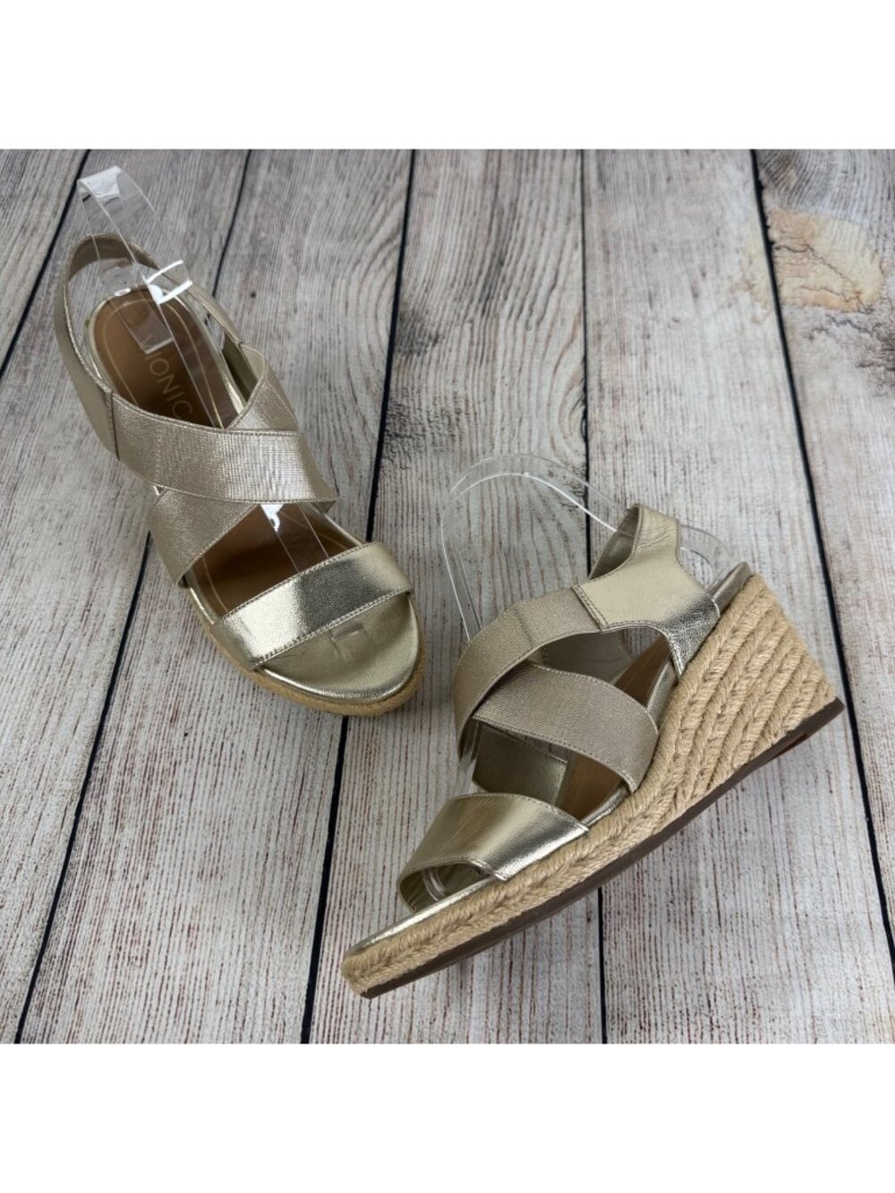 Vionic Tulum Ainsleigh Sandals Champagne Gold Metallic Jute Wrapped Wedges 7.5